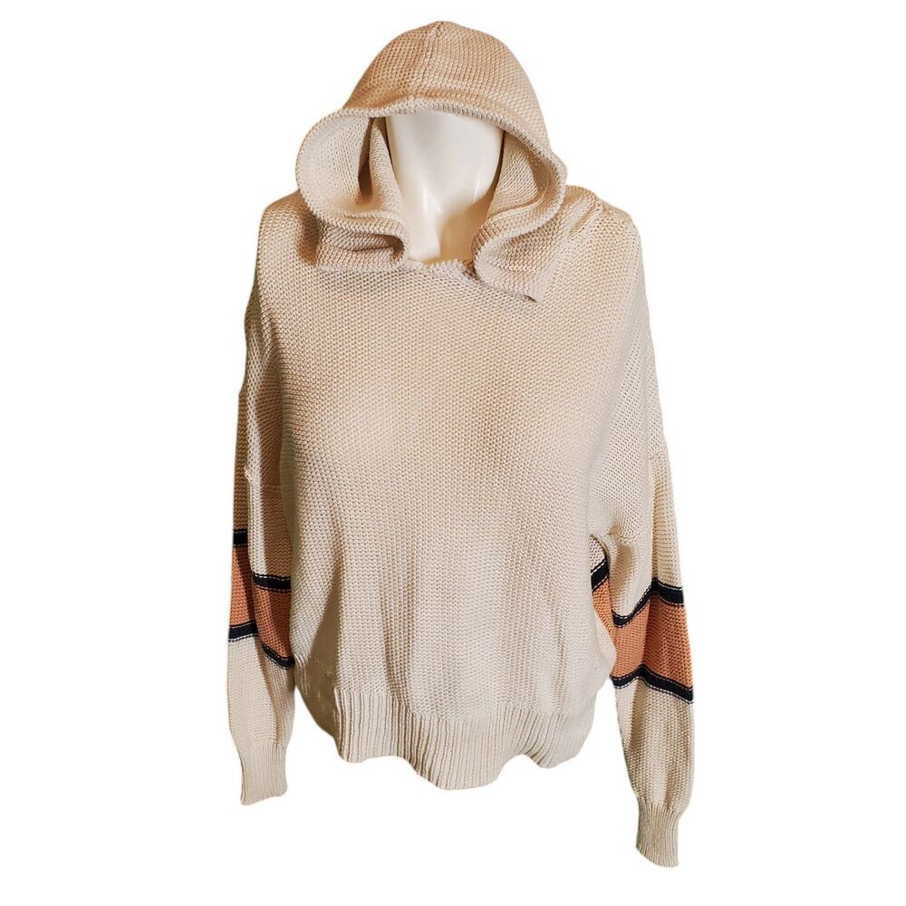 360 Sweater Cotton Hoodie Sweater Pullover Striped Sweater Beige Burgundy  Sz XS